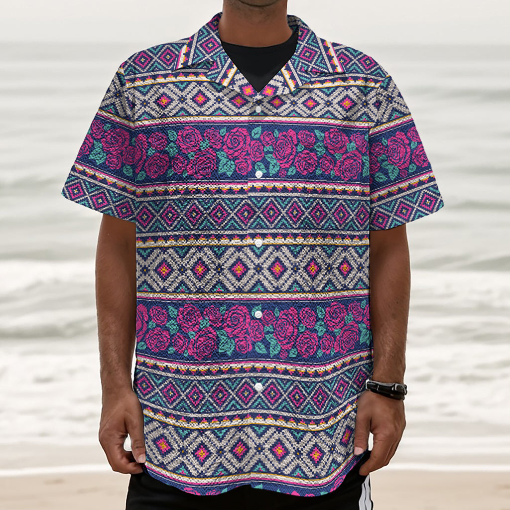 Native Tribal Ethnic Rose Pattern Print Textured Short Sleeve Shirt