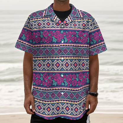 Native Tribal Ethnic Rose Pattern Print Textured Short Sleeve Shirt