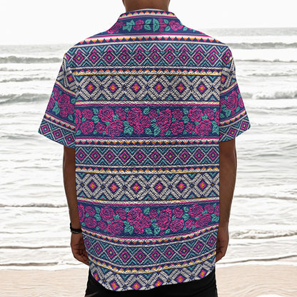 Native Tribal Ethnic Rose Pattern Print Textured Short Sleeve Shirt