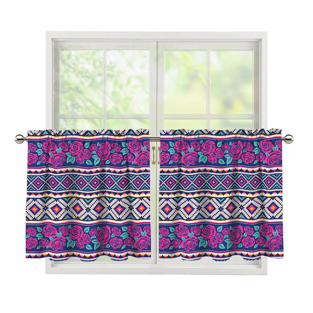 Native Tribal Ethnic Rose Pattern Print Tier Curtains