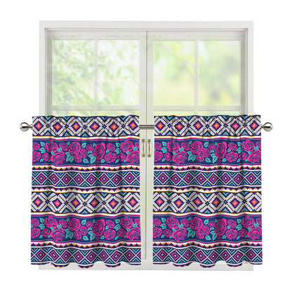 Native Tribal Ethnic Rose Pattern Print Tier Curtains