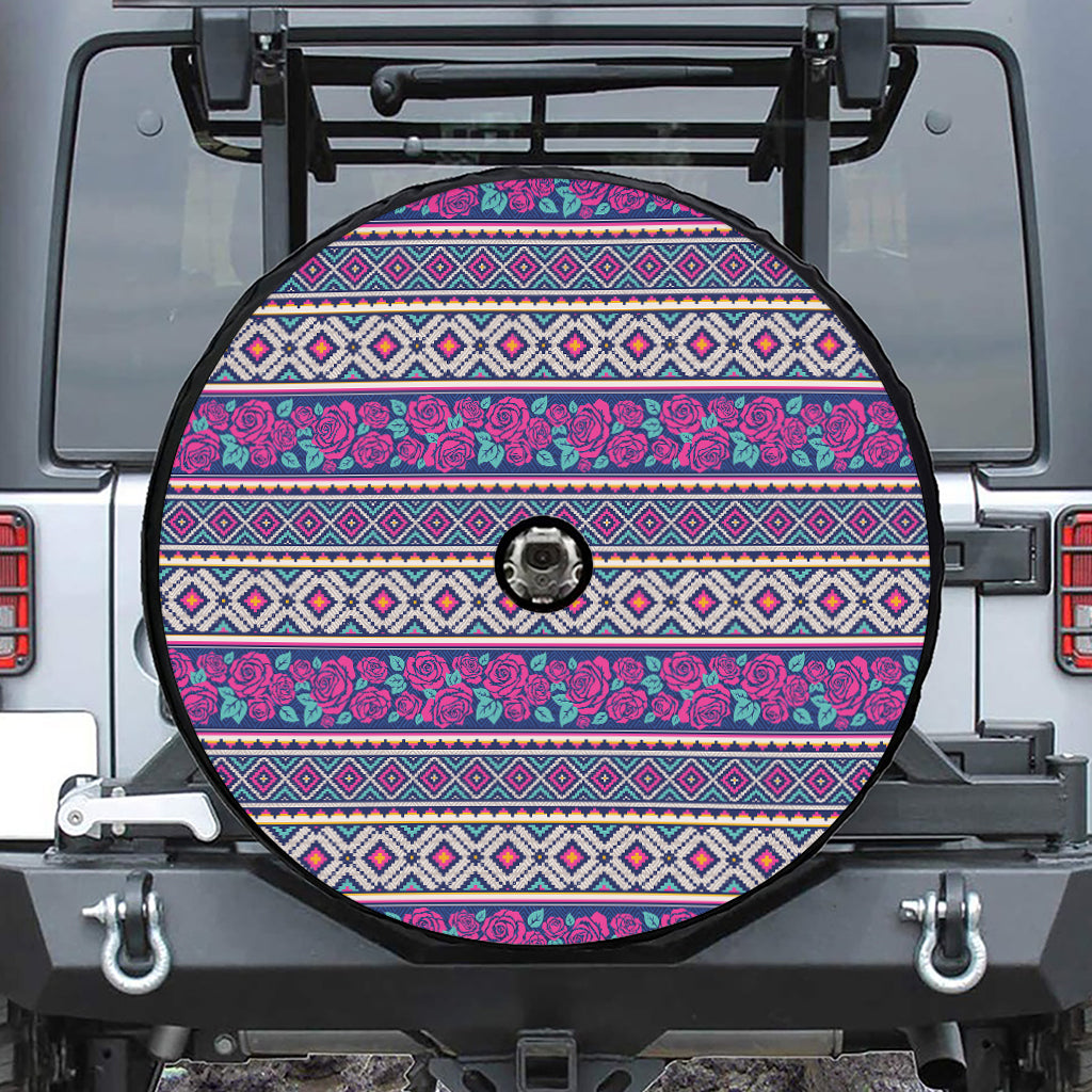 Native Tribal Ethnic Rose Pattern Print Tire Cover With Camera Hole