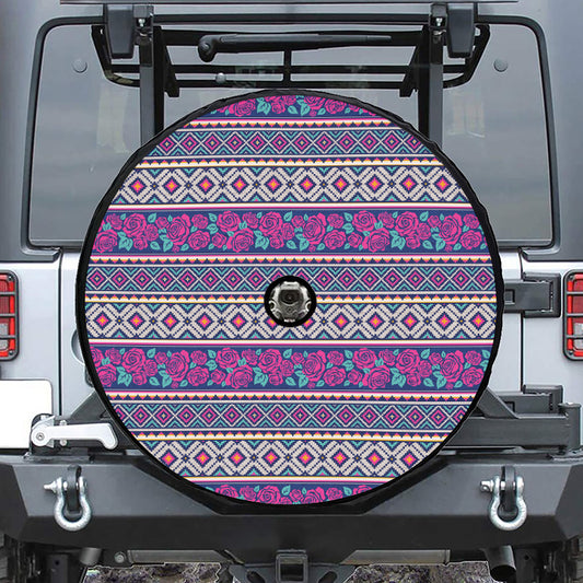 Native Tribal Ethnic Rose Pattern Print Tire Cover With Camera Hole