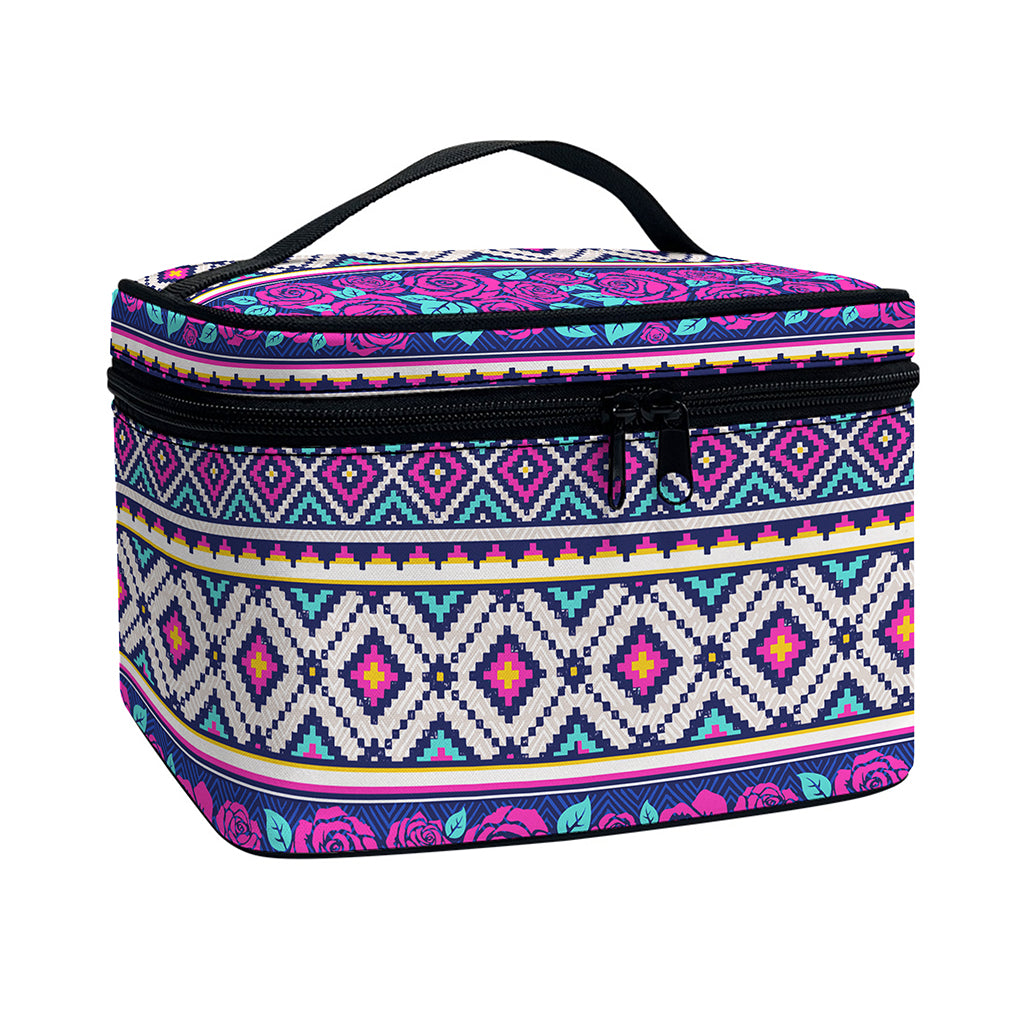 Native Tribal Ethnic Rose Pattern Print Travel Makeup Bag