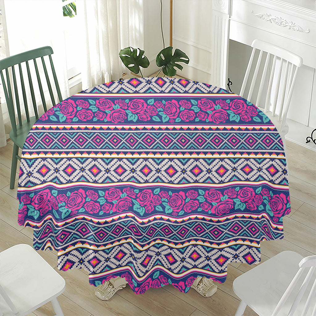 Native Tribal Ethnic Rose Pattern Print Waterproof Round Tablecloth