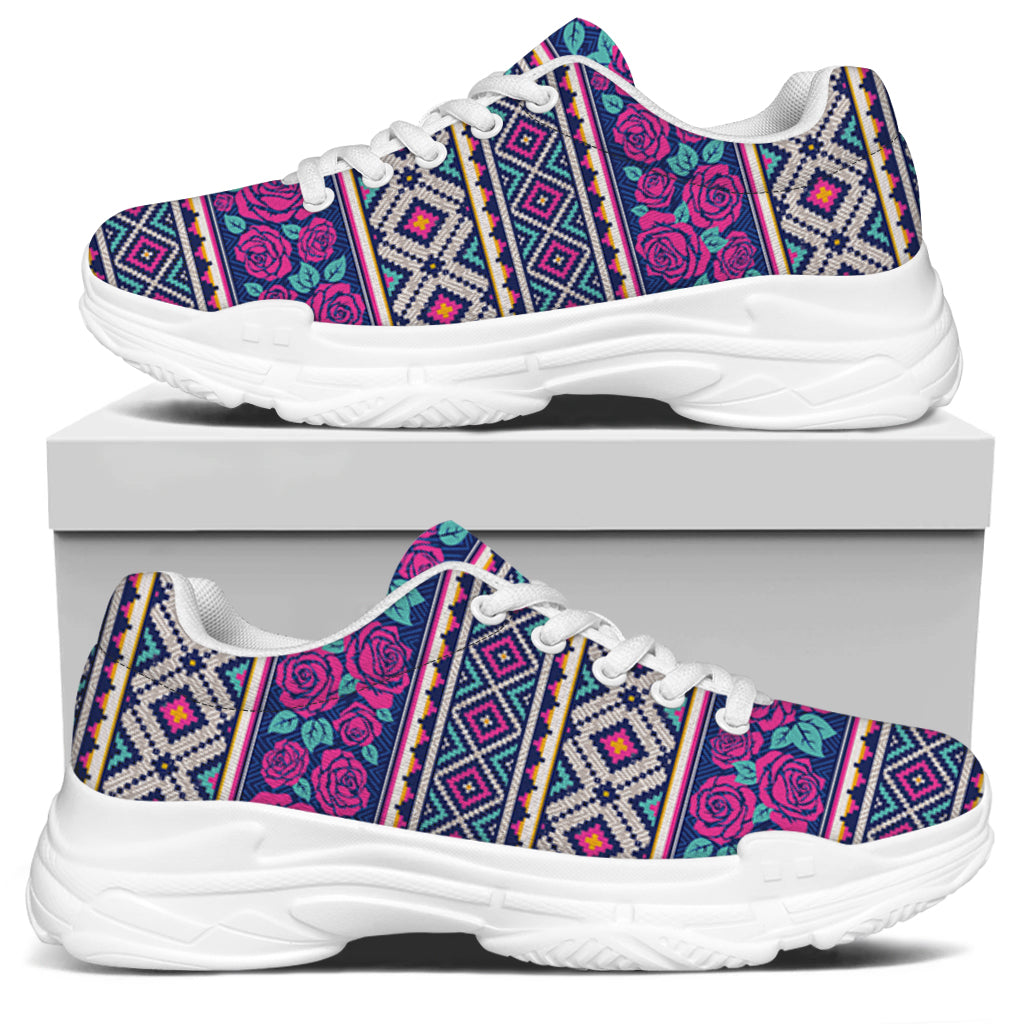 Native Tribal Ethnic Rose Pattern Print White Chunky Shoes