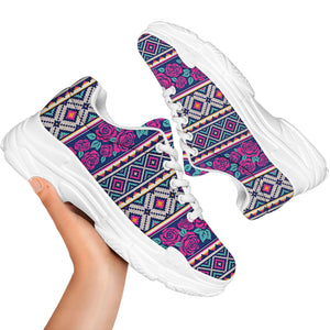 Native Tribal Ethnic Rose Pattern Print White Chunky Shoes