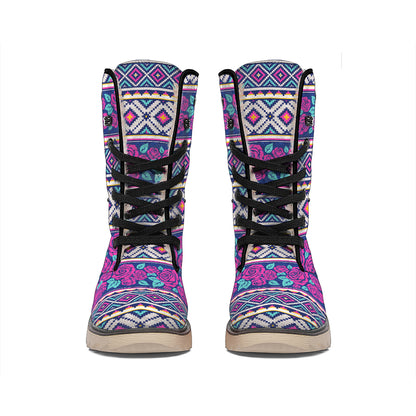 Native Tribal Ethnic Rose Pattern Print Winter Boots