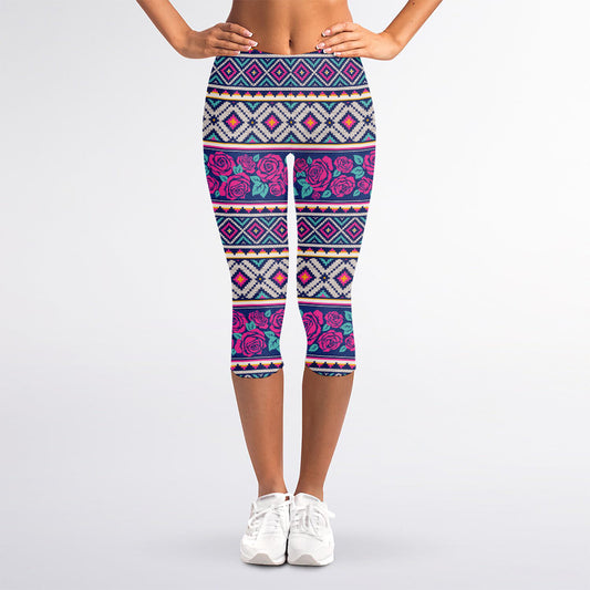 Native Tribal Ethnic Rose Pattern Print Women's Capri Leggings