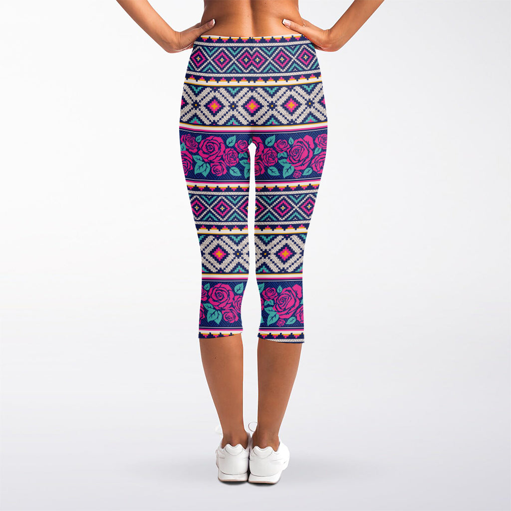 Native Tribal Ethnic Rose Pattern Print Women's Capri Leggings