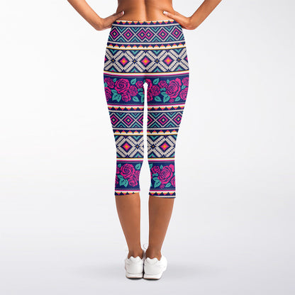 Native Tribal Ethnic Rose Pattern Print Women's Capri Leggings