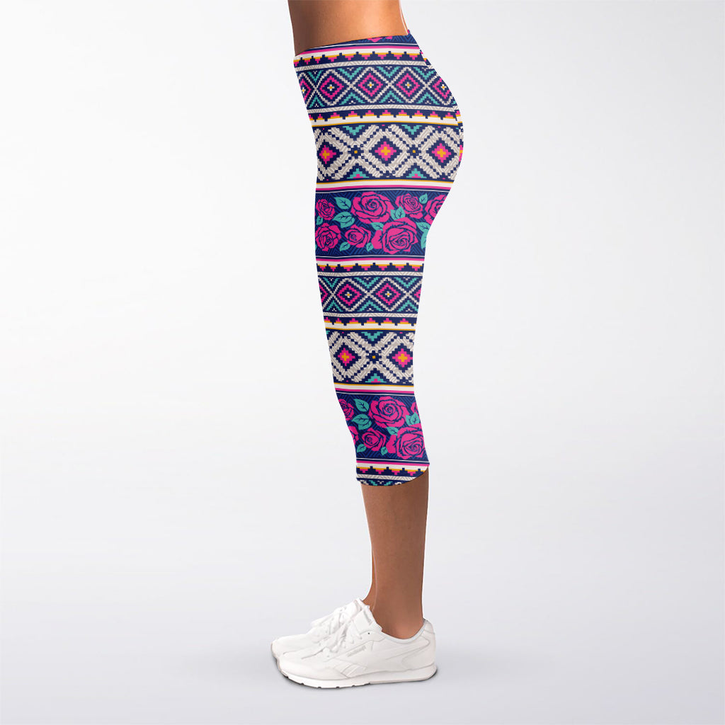 Native Tribal Ethnic Rose Pattern Print Women's Capri Leggings