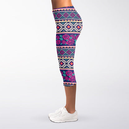 Native Tribal Ethnic Rose Pattern Print Women's Capri Leggings