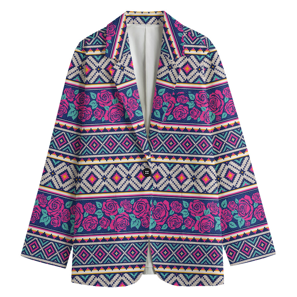 Native Tribal Ethnic Rose Pattern Print Women's Cotton Blazer