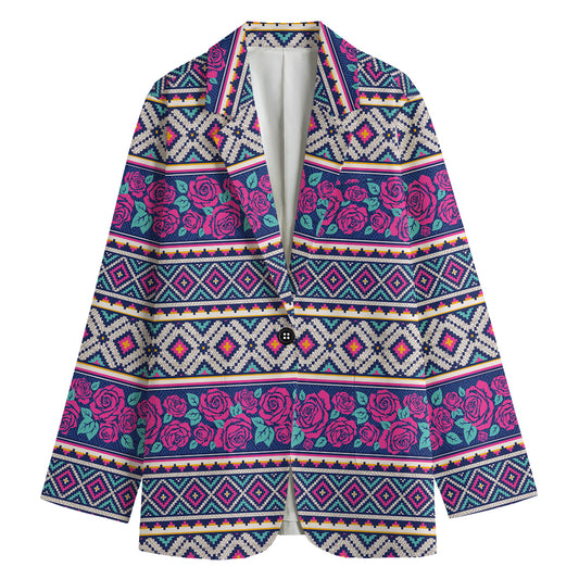 Native Tribal Ethnic Rose Pattern Print Women's Cotton Blazer