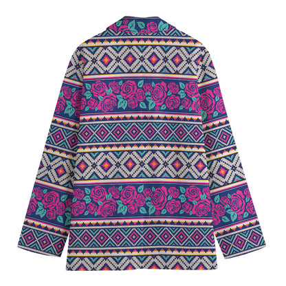 Native Tribal Ethnic Rose Pattern Print Women's Cotton Blazer