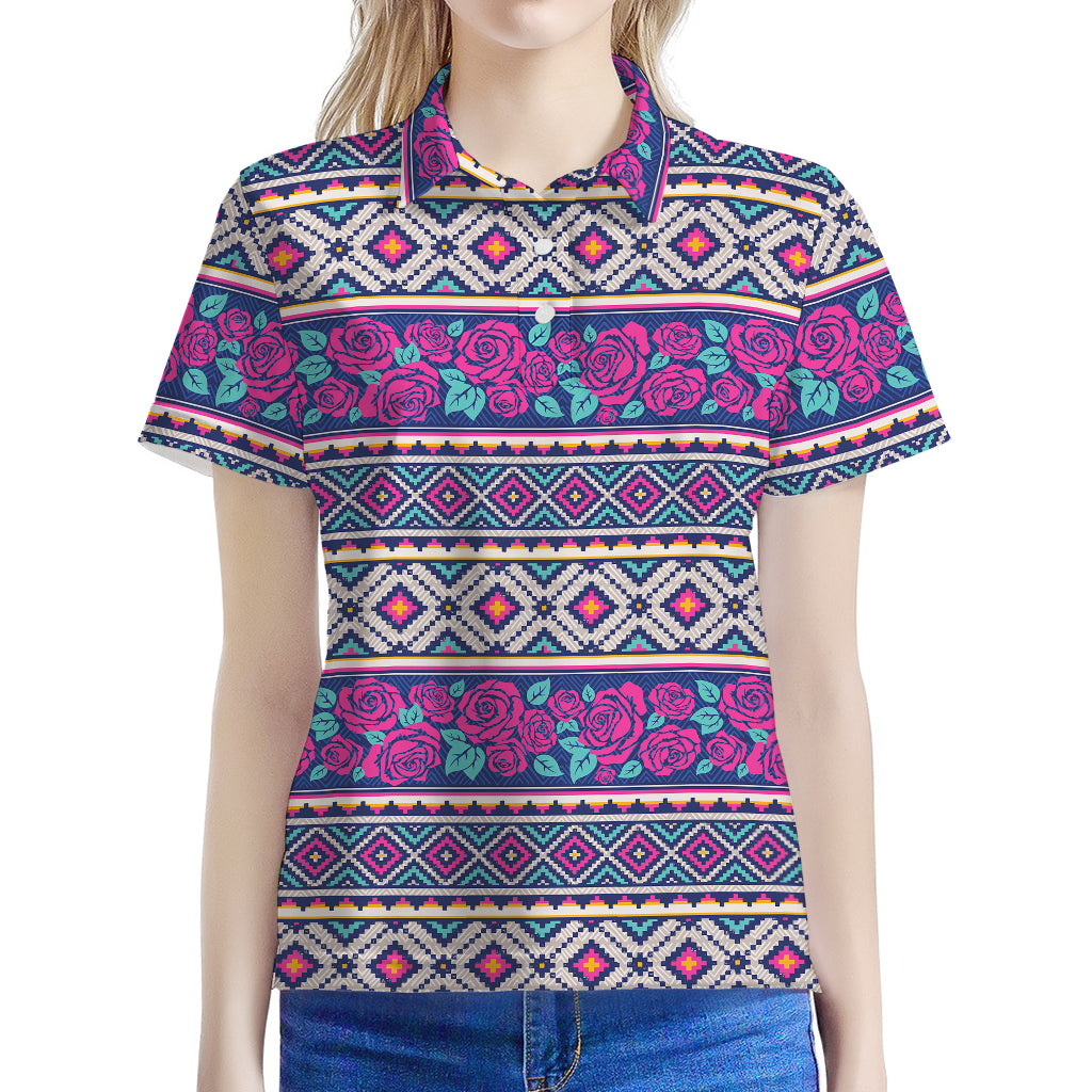 Native Tribal Ethnic Rose Pattern Print Women's Polo Shirt