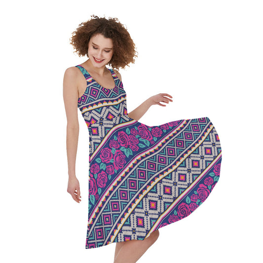 Native Tribal Ethnic Rose Pattern Print Women's Sleeveless Dress