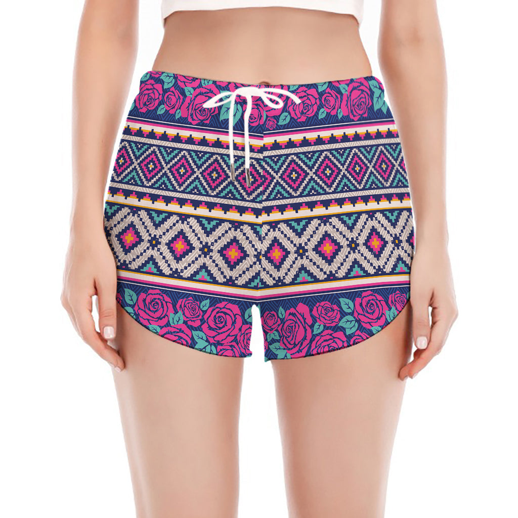Native Tribal Ethnic Rose Pattern Print Women's Split Running Shorts