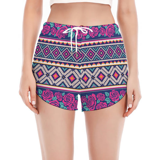 Native Tribal Ethnic Rose Pattern Print Women's Split Running Shorts