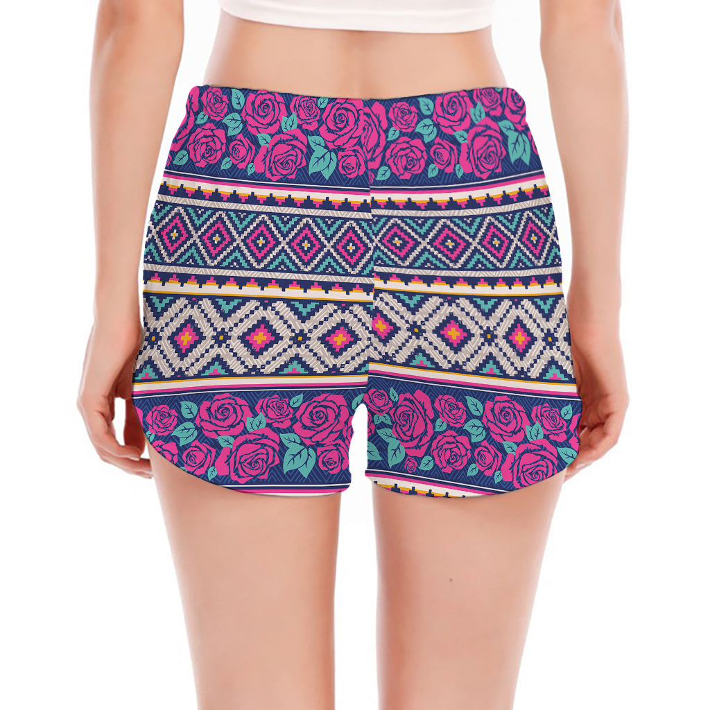 Native Tribal Ethnic Rose Pattern Print Women's Split Running Shorts