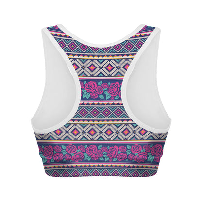 Native Tribal Ethnic Rose Pattern Print Women's Sports Bra