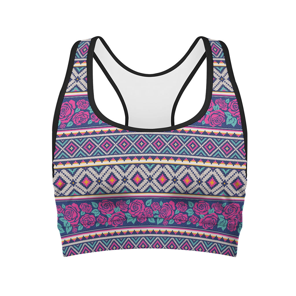 Native Tribal Ethnic Rose Pattern Print Women's Sports Bra