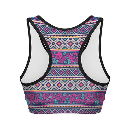 Native Tribal Ethnic Rose Pattern Print Women's Sports Bra