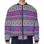 Native Tribal Ethnic Rose Pattern Print Zip Sleeve Bomber Jacket