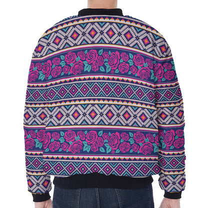 Native Tribal Ethnic Rose Pattern Print Zip Sleeve Bomber Jacket