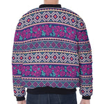 Native Tribal Ethnic Rose Pattern Print Zip Sleeve Bomber Jacket