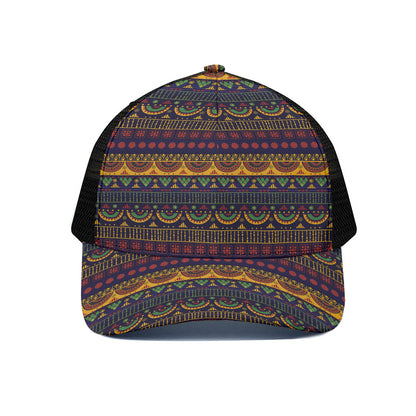 Native Tribal Indian Pattern Print Black Mesh Trucker Cap