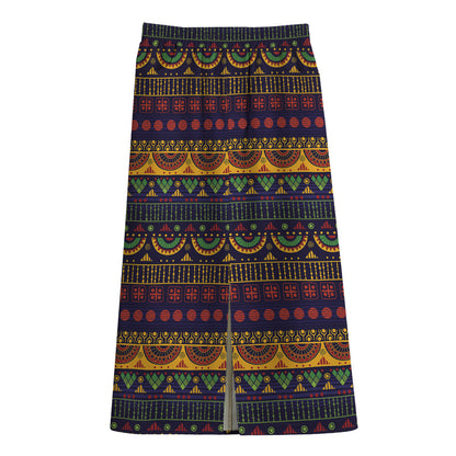 Native Tribal Indian Pattern Print Cotton Front Slit Maxi Skirt