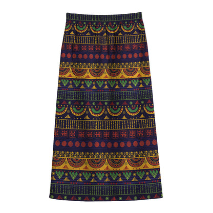 Native Tribal Indian Pattern Print Cotton Front Slit Maxi Skirt