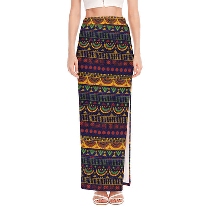 Native Tribal Indian Pattern Print High Slit Maxi Skirt