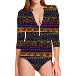 Native Tribal Indian Pattern Print Long Sleeve Swimsuit