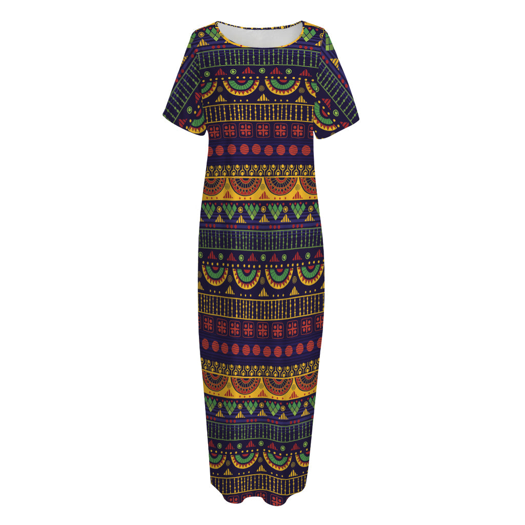 Native Tribal Indian Pattern Print Short Sleeve Long Nightdress