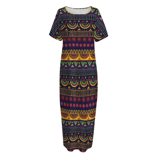 Native Tribal Indian Pattern Print Short Sleeve Long Nightdress