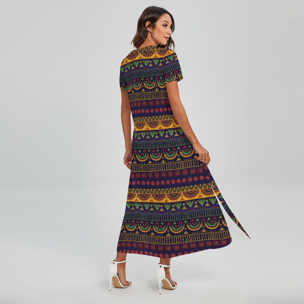 Native Tribal Indian Pattern Print Short Sleeve Maxi Dress