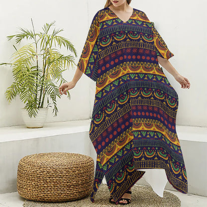 Native Tribal Indian Pattern Print Silk V-Neck Kaftan Dress