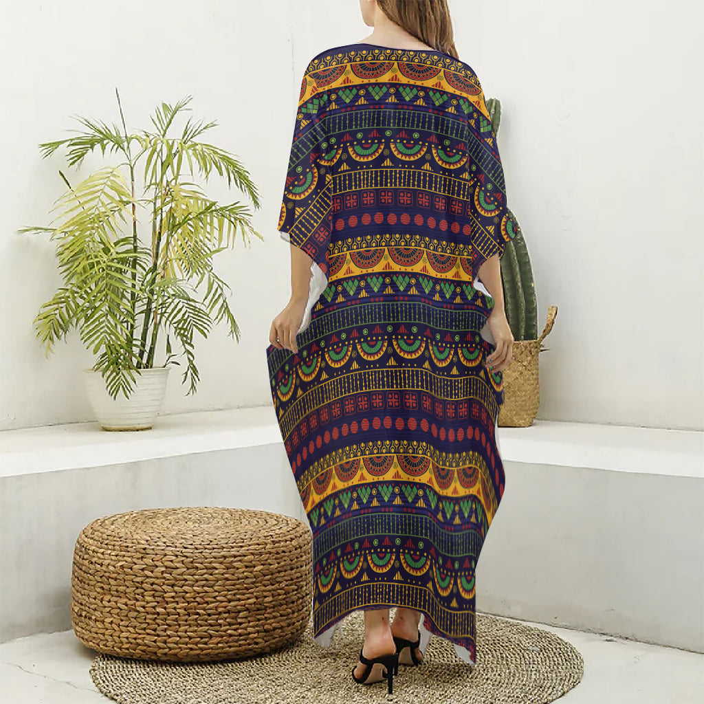 Native Tribal Indian Pattern Print Silk V-Neck Kaftan Dress
