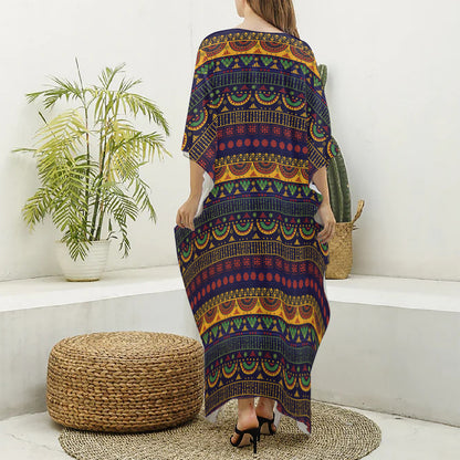 Native Tribal Indian Pattern Print Silk V-Neck Kaftan Dress
