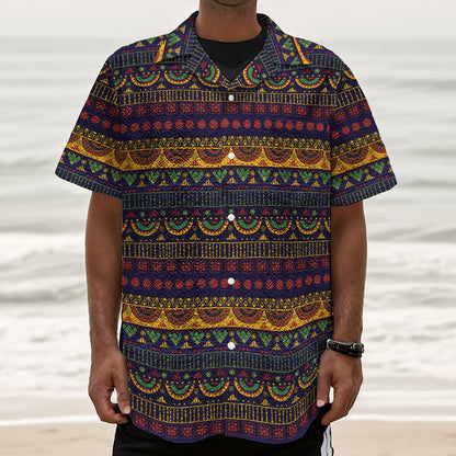Native Tribal Indian Pattern Print Textured Short Sleeve Shirt