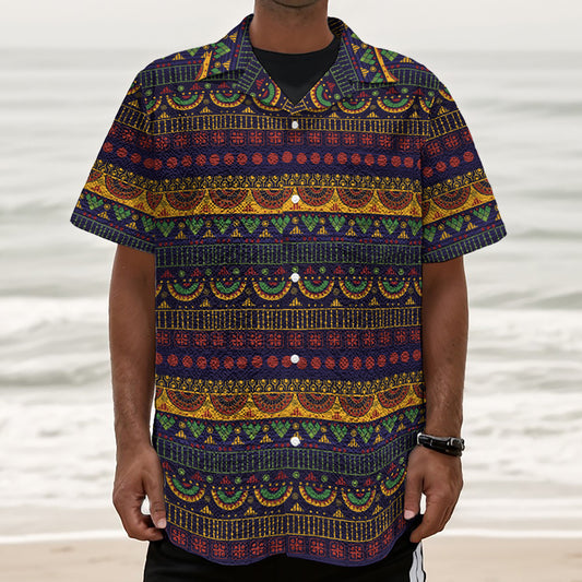 Native Tribal Indian Pattern Print Textured Short Sleeve Shirt