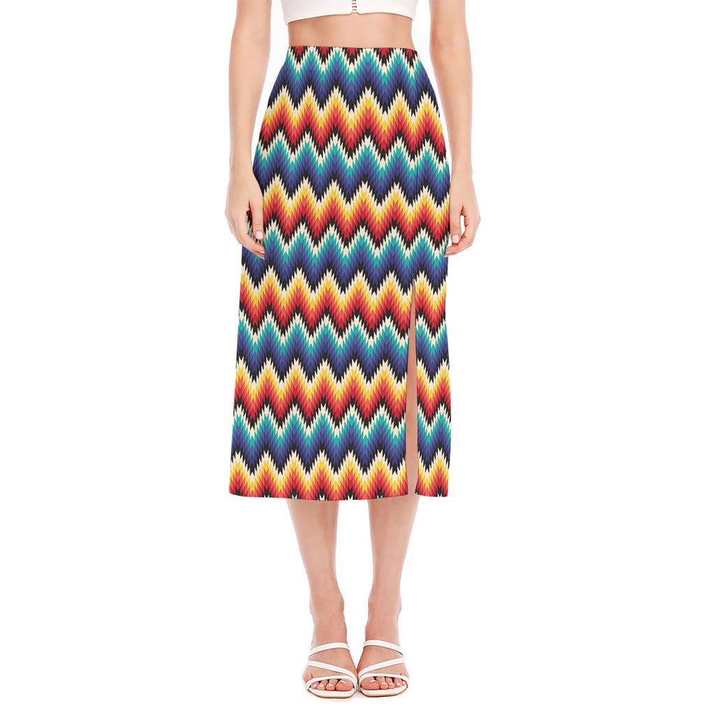 Native Tribal Inspired Pattern Print Side Slit Midi Skirt
