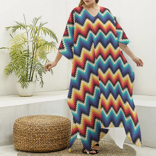 Native Tribal Inspired Pattern Print Silk V-Neck Kaftan Dress