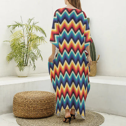 Native Tribal Inspired Pattern Print Silk V-Neck Kaftan Dress