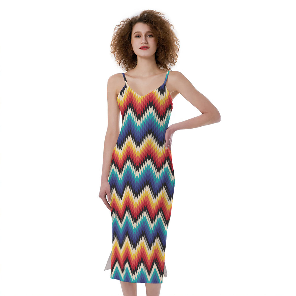 Native Tribal Inspired Pattern Print Slim Fit Midi Cami Dress