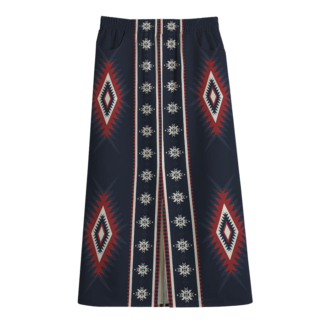 Native Tribal Navajo Pattern Print Cotton Front Slit Maxi Skirt