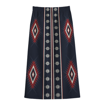 Native Tribal Navajo Pattern Print Cotton Front Slit Maxi Skirt